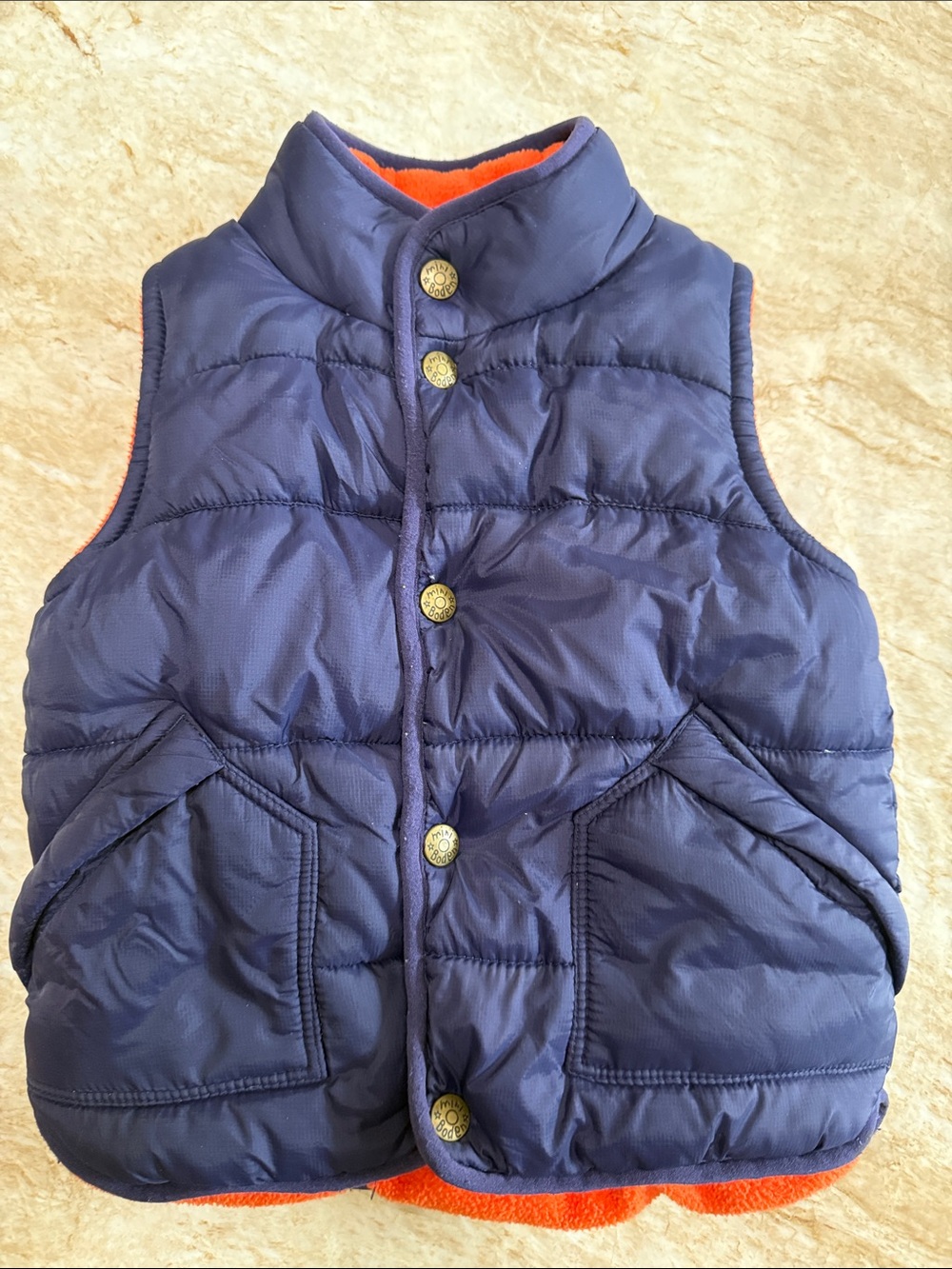 Mini Boden Navy Puffer Vest with Orange Lining